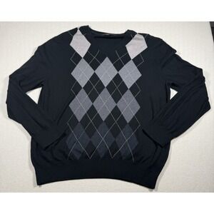 Banana Republic Sweater Mens XL Black Gray Argyle V Neck Silk Cashmere Blend